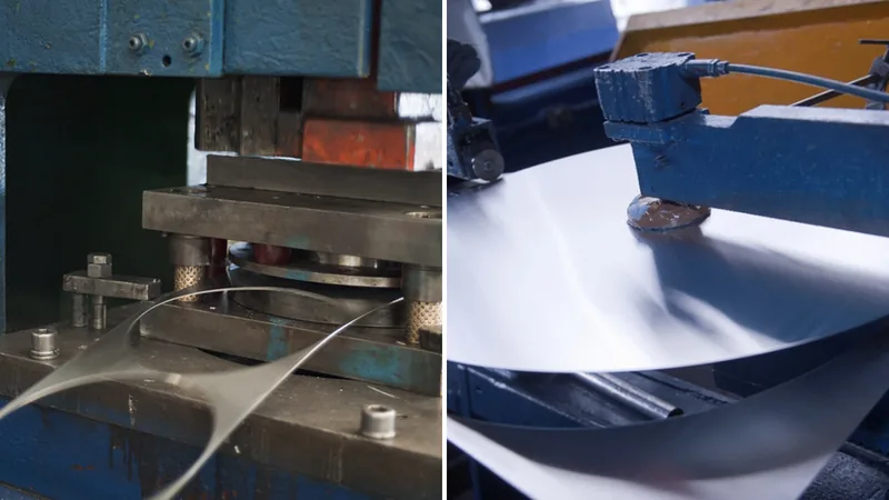 Prensa troquelando discos y cizalla circular cortando un disco de aluminio